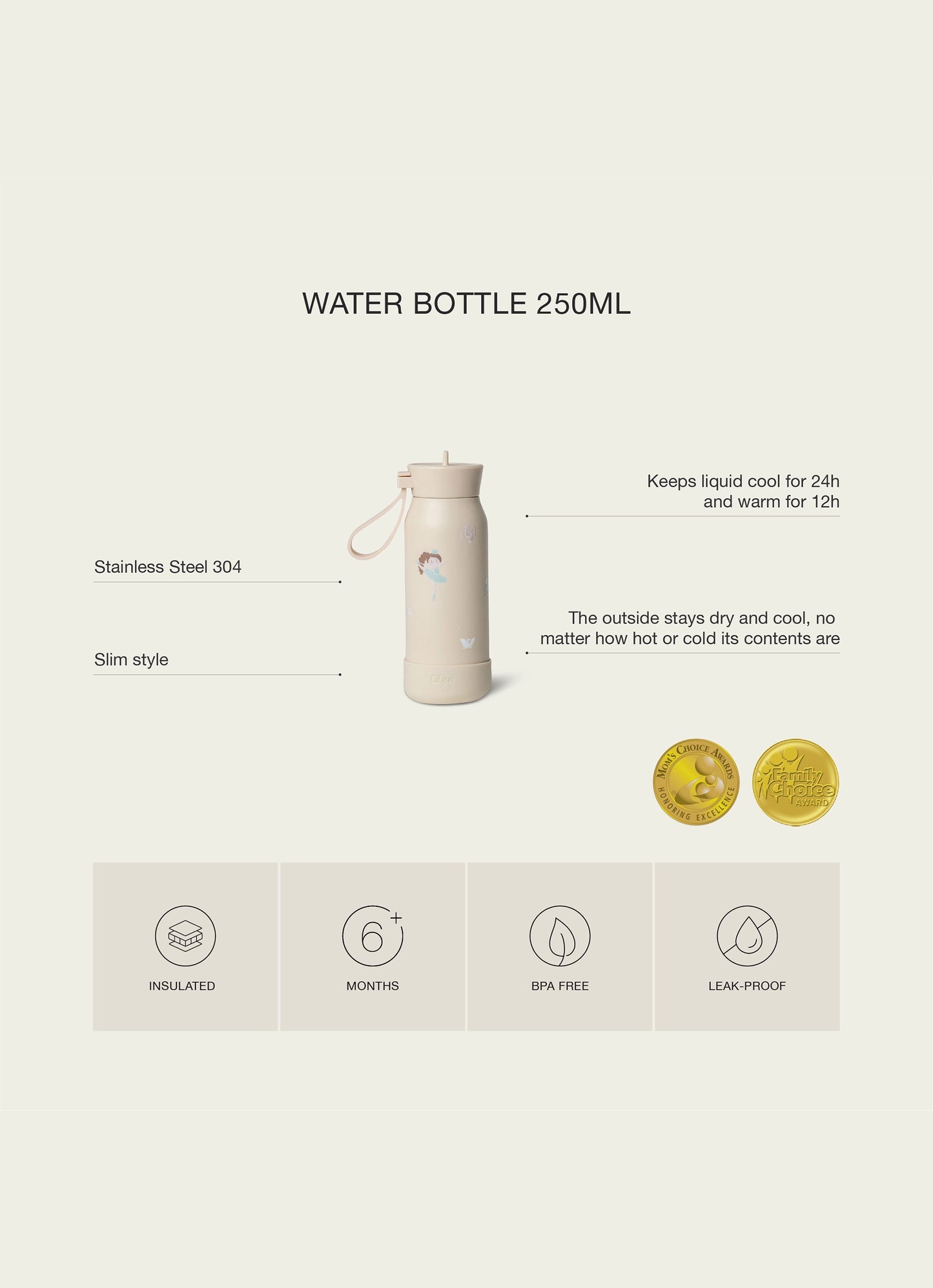 250ml Insulated Water Bottle - Dino