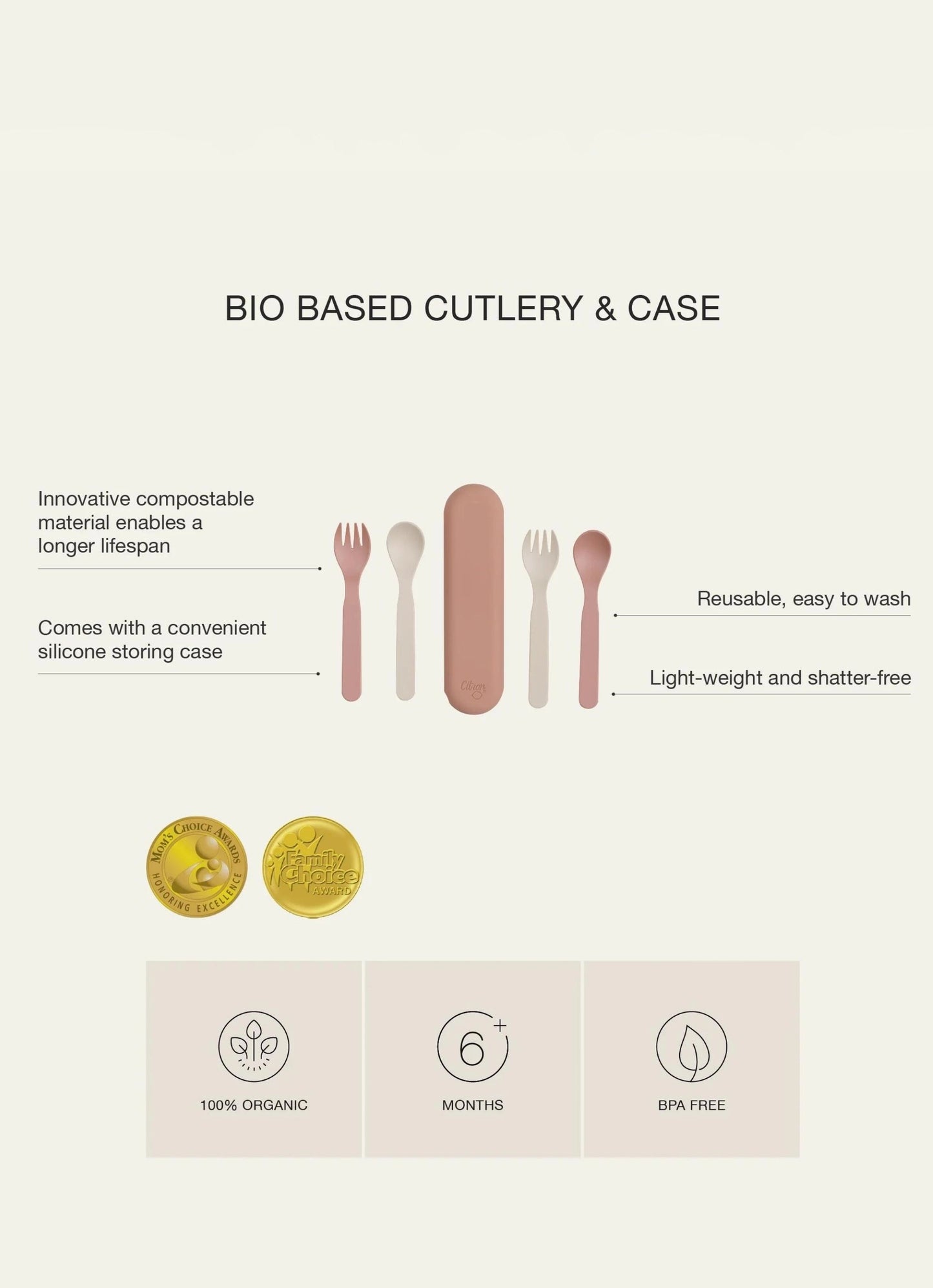 Eco Cutlery Set + Case in Pink/Cream