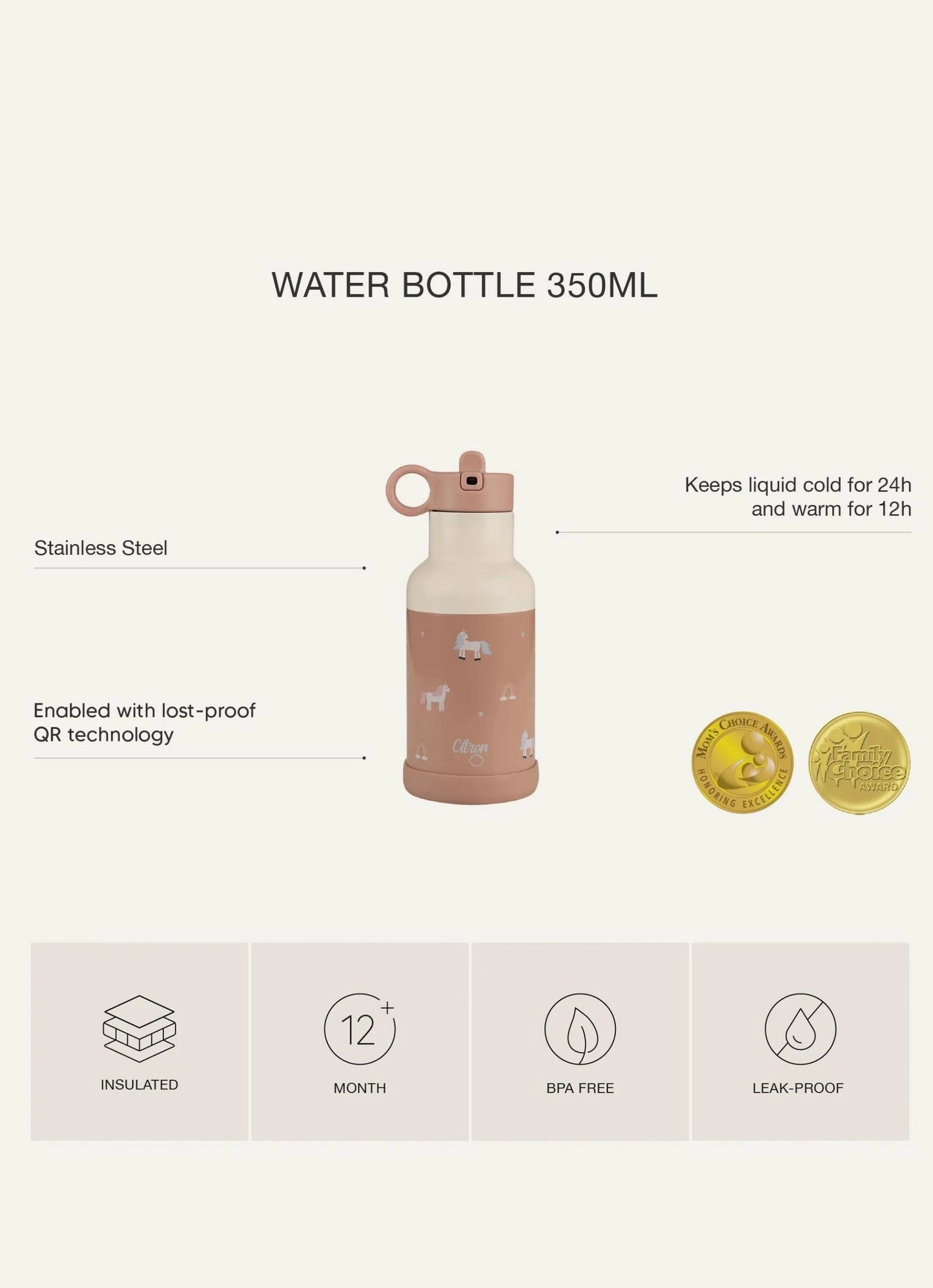 350ml Insulated Water Bottle - Lemon