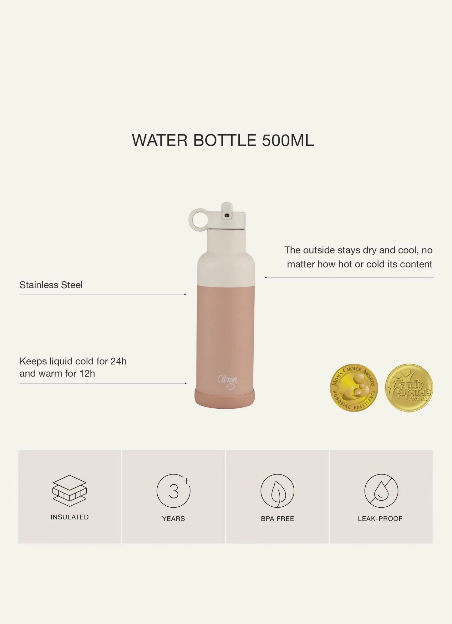 500ml Insulated Water Bottle - Dusty Blue