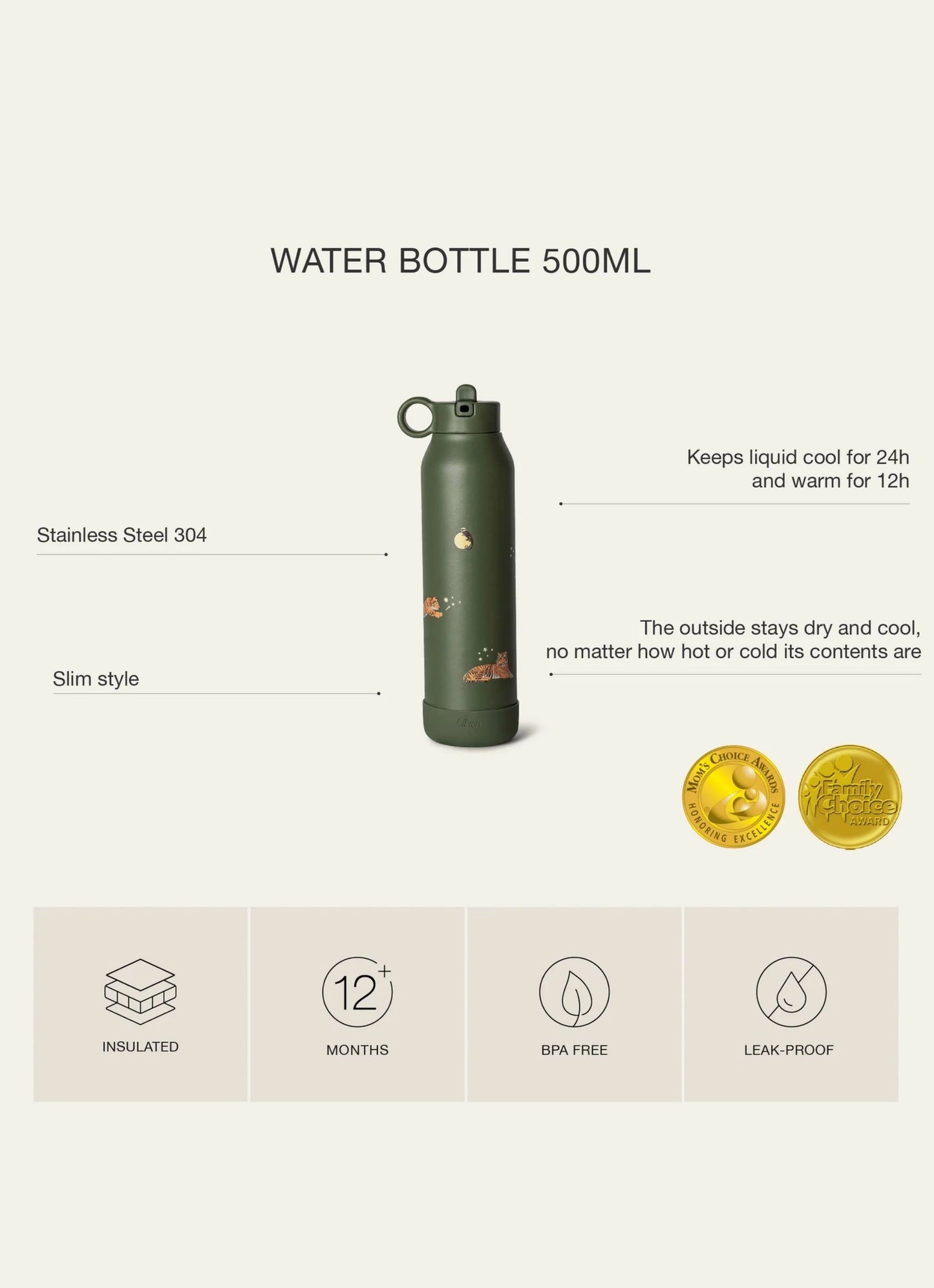 500ml Insulated Water Bottle - Tiger