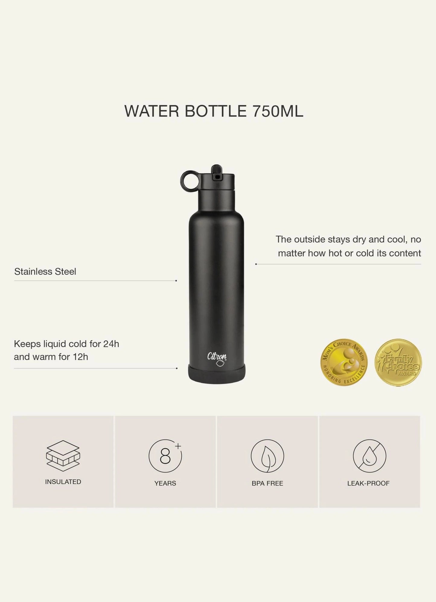 750ml Insulated Water Bottle - Black
