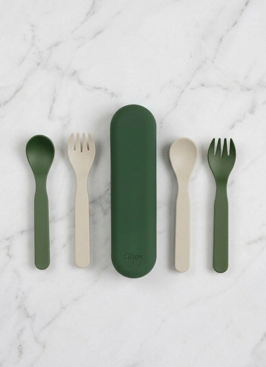 Eco Cutlery Set + Case in Green/ Cream