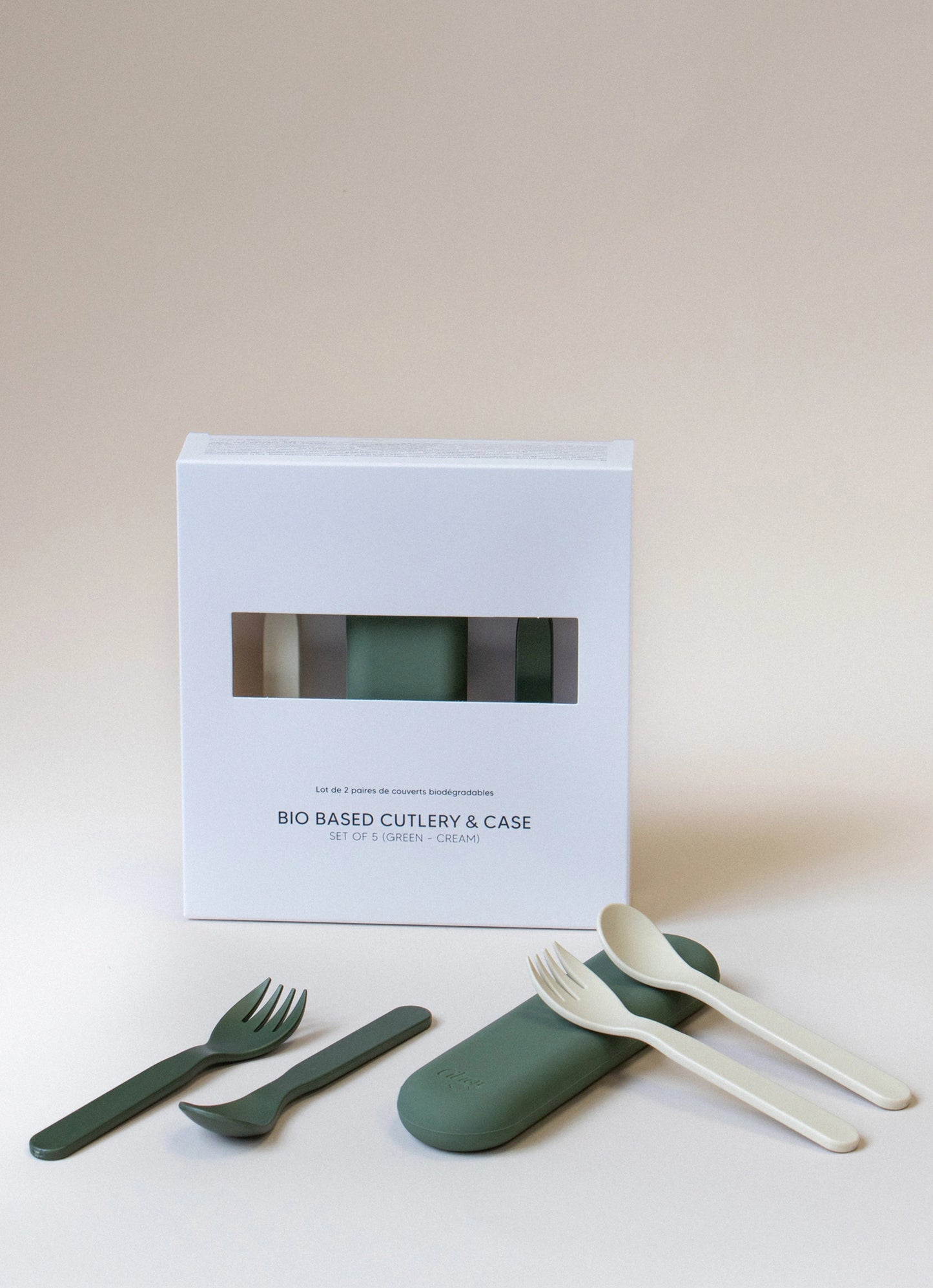 Eco Cutlery Set + Case in Green/ Cream