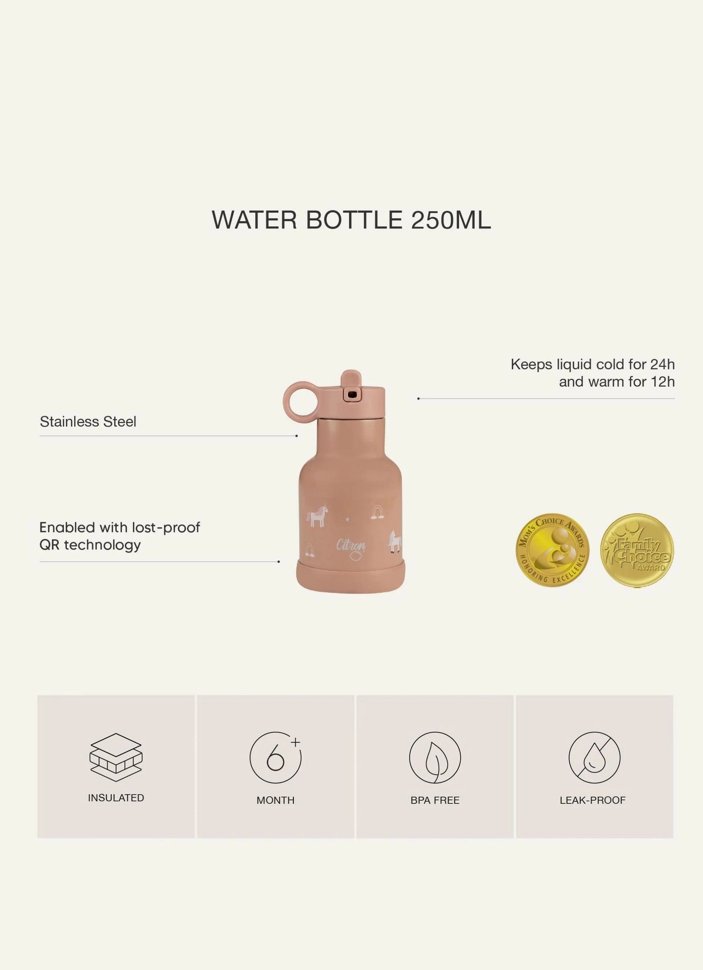 250ml Insulated Water Bottle - Lemon