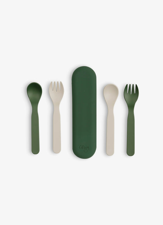 Eco Cutlery Set + Case in Green/ Cream