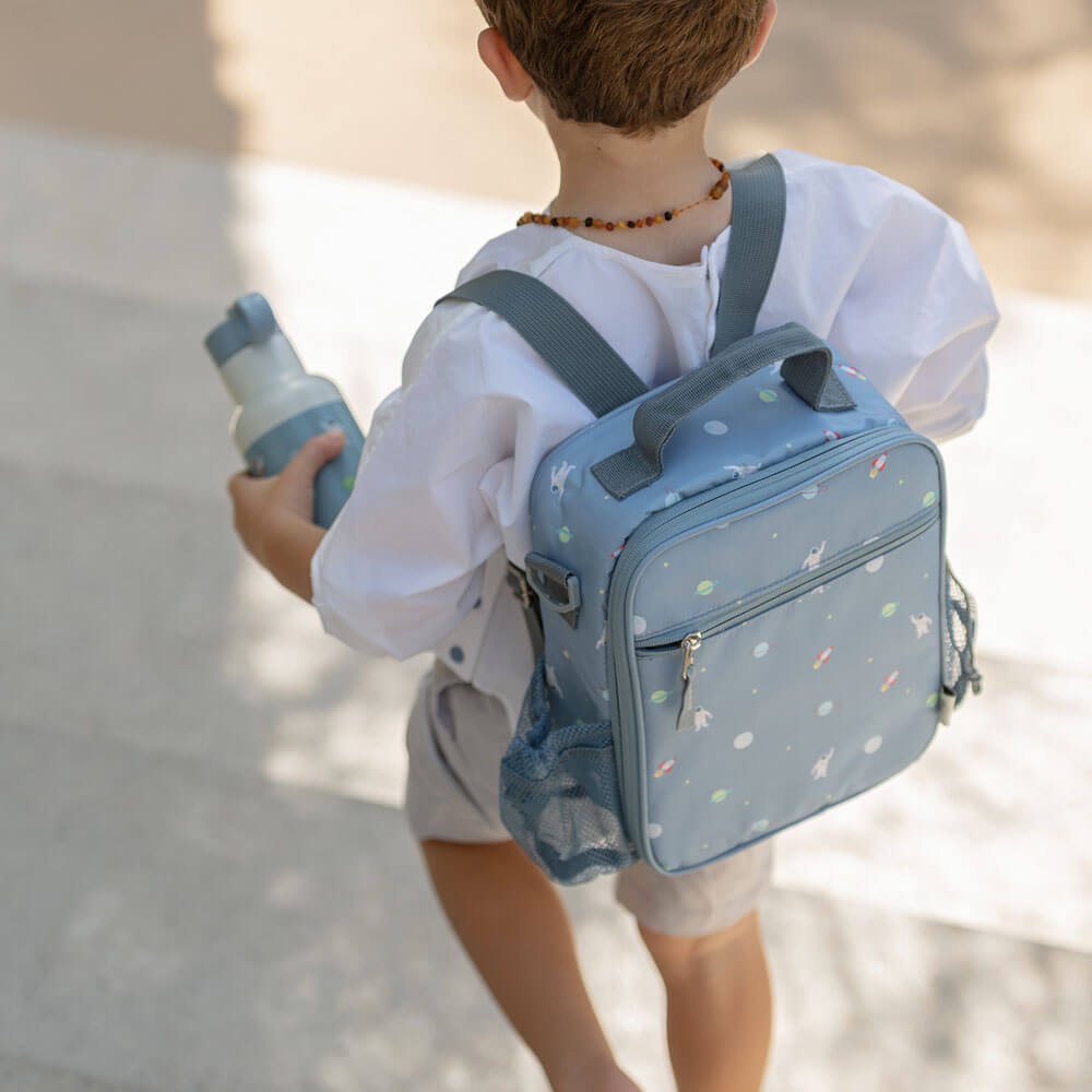 spaceship lunch bag backpack on boy